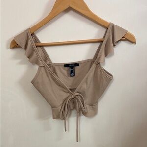 Tan Ribbed Crop Top with Ruffle Sleeves